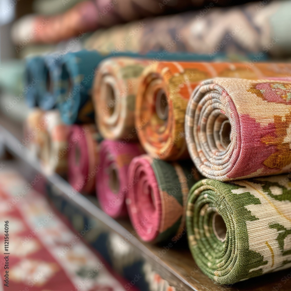 Poster a vibrant display of rolled textiles, showcasing intricate patterns and colors, arranged neatly on a