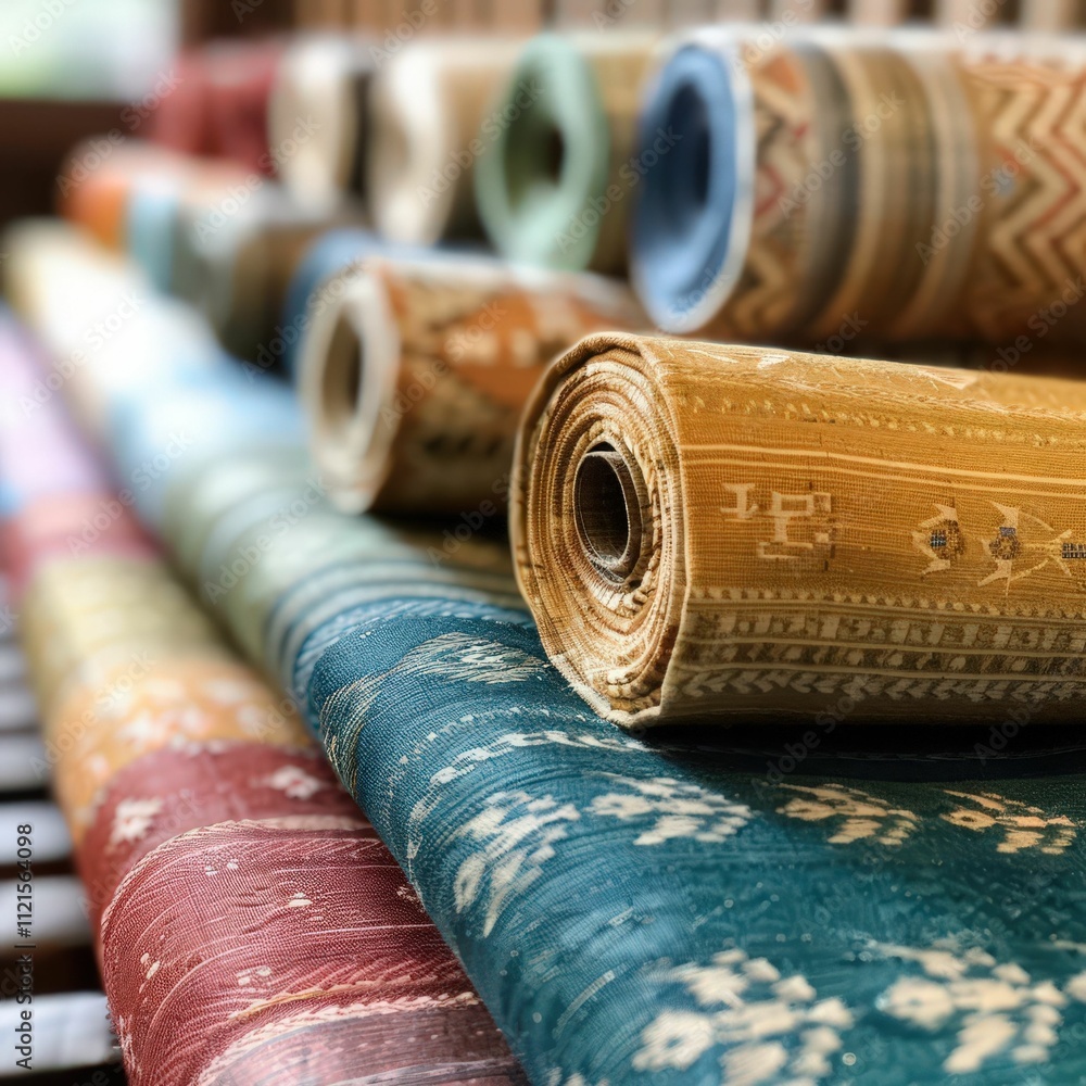 Poster a colorful assortment of rolled fabrics displaying various intricate patterns and textures, arranged