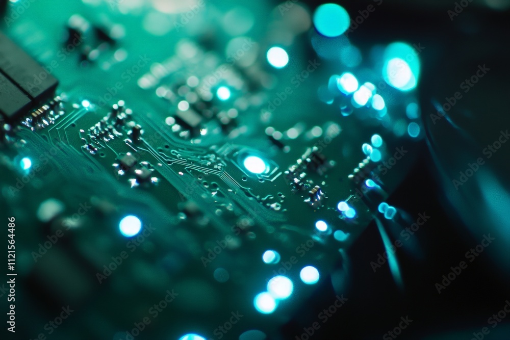 Poster close-up of a circuit board with led lights: advanced technology and electronics background for tech