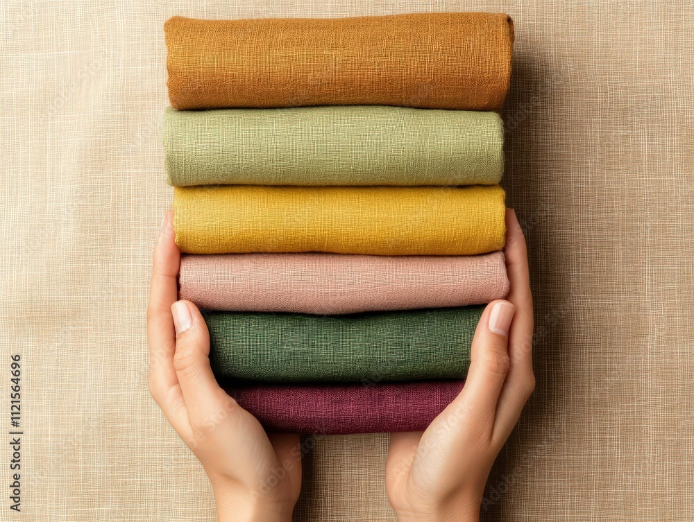 Poster a pair of hands holds six neatly rolled fabrics in various colors, arranged in a stack against a tex