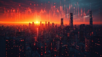 Fototapeta premium A cityscape with a bright orange sun in the sky