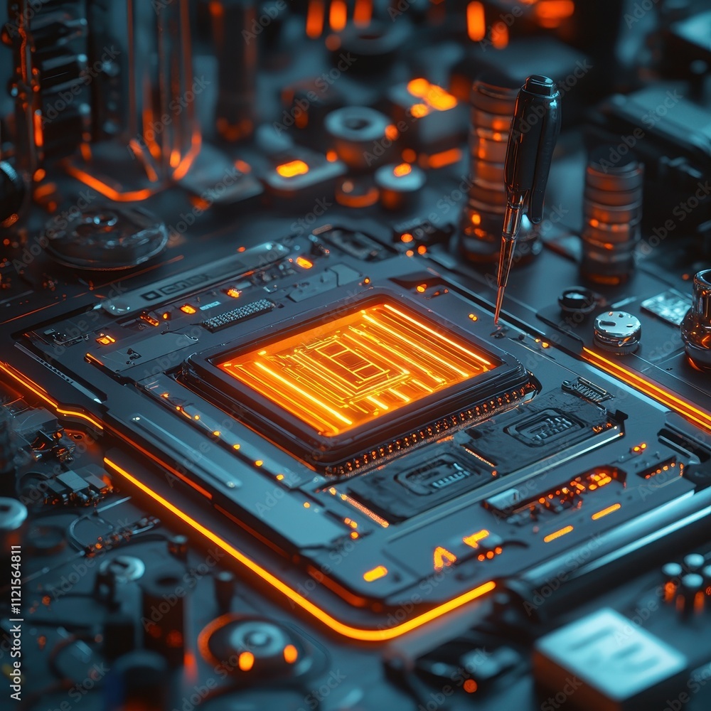 Poster a close-up view of a futuristic circuit board featuring glowing orange elements, showcasing intricat