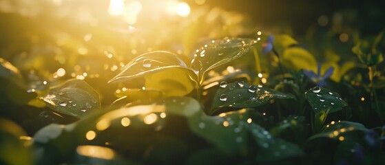 Close-up of Dewy Green Leaves Illuminated by Soft Morning Sunlight - Nature, Freshness, and Serenity
