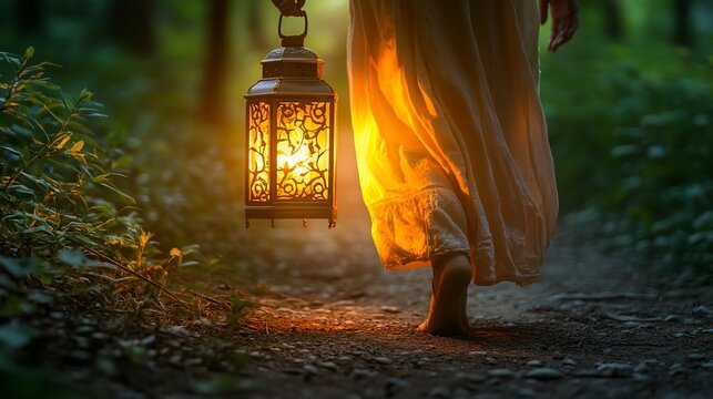 Woman in flowing robe walks barefoot on path at dusk, holding a lit lantern.