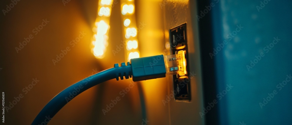 Poster close-up of ethernet cable plugged into wall socket with warm lighting â€“ networking connection con