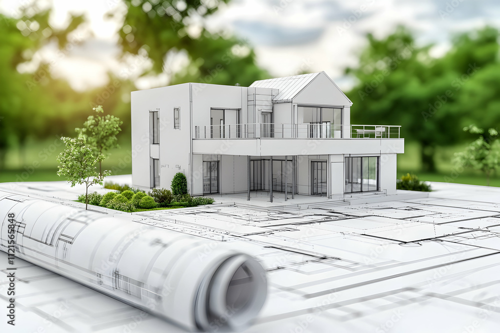 Poster 3d rendering of a modern house with a garden on blueprints, featuring a white and grey color scheme