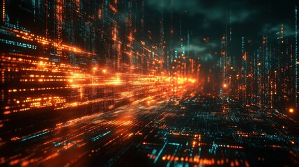 Fototapeta premium A computer generated image of a cityscape with bright orange and blue lights