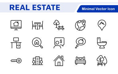 Real Estate Icon Set. A comprehensive collection of stylish and professional icons designed for the real estate industry, perfect for enhancing property listings, websites, and marketing materials.