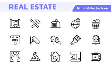 Real Estate Icon Set. A comprehensive collection of stylish and professional icons designed for the real estate industry, perfect for enhancing property listings, websites, and marketing materials.