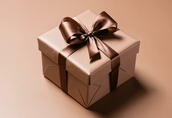 Obraz premium Luxurious brown gift box wrapped with satin ribbon on a soft light beige background, symbolizing celebration and sophistication