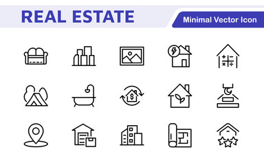 Real Estate Icon Set. A comprehensive collection of stylish and professional icons designed for the real estate industry, perfect for enhancing property listings, websites, and marketing materials.