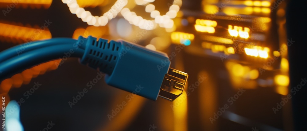 Poster close-up of usb cable connected to server, with glowing hardware and data cables in the background, 