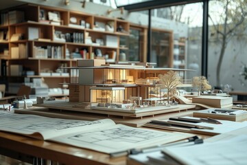 Modern studio with scale models and home blueprints