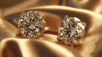 A pair of diamond earrings with round brilliant-cut stones on a satin cushion, catching the light and casting sparkling reflections