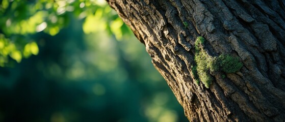 Obraz premium Close-Up of Tree Bark with Lush Green Leaves in Natural Light | Textured Surface | Nature Photography for Eco-Friendly Projects