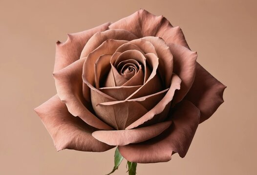 Brown rose flower in full bloom, close-up view, soft petals, beige background, concept of natural beauty and elegance