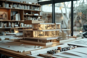 Architect&rsquo;s workflow: blueprints, models, and tools on the table
