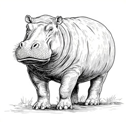 Fototapeta premium Black and white vector line drawing of an adult hippopotamus, full body standing on all four legs, white background