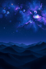 Anime Style dark blue, mountainous landscape under a night sky.  The sky features a nebula with purple and blue hues, illuminated by bright stars and glowing orbs. 