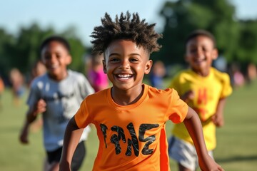 Fototapeta premium Happy kids running and playing outdoors in sunny summer park carefree childhood activity