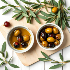 Marinated olives and olive oil with olive leaves in a bowls and cutting board