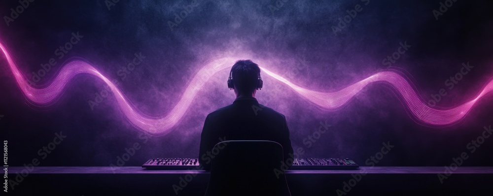 Poster a figure sits in front of vibrant sound waves, illuminated by colorful lights, creating a captivatin