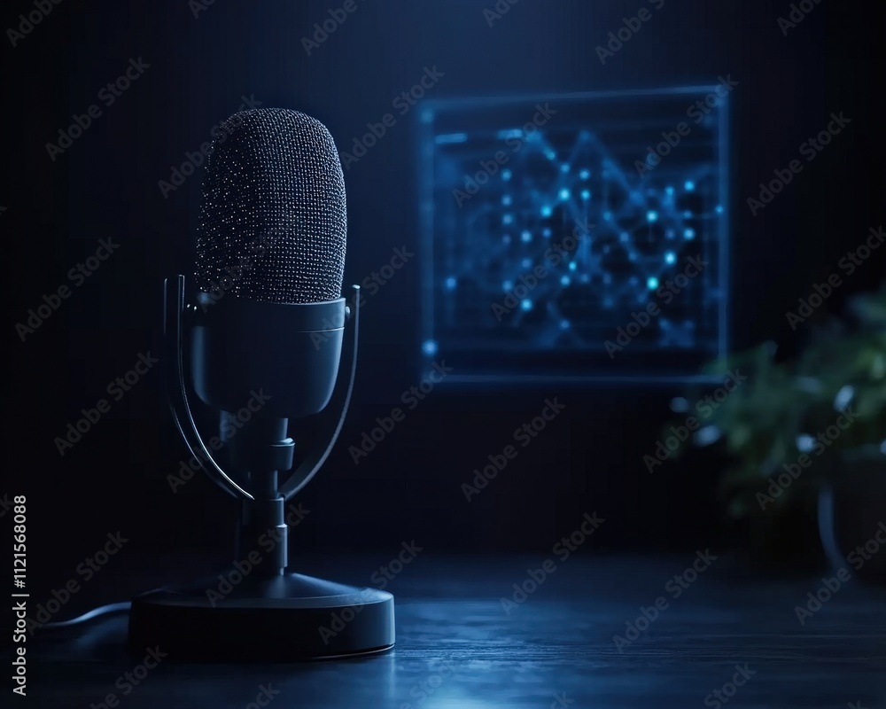 Poster a sleek microphone stands in focus against a digital backdrop, symbolizing audio technology and data