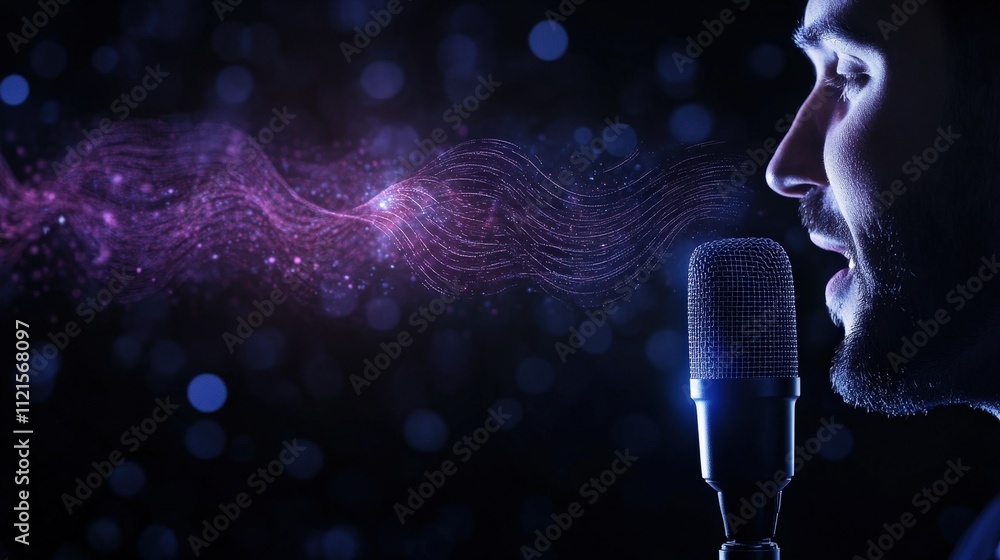 Poster a musician sings into a microphone, with colorful sound waves emanating in a dark background, creati
