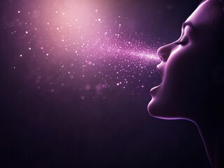 Obraz premium A woman’s profile exhales vibrant, sparkling particles against a dark background, creating a mystical and ethereal atmosphere.