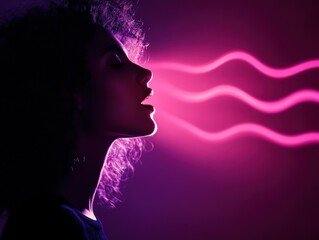 A silhouette of a woman with curly hair, exhaling vibrant pink waves of light against a dark background, creating a striking and artistic visual effect.
