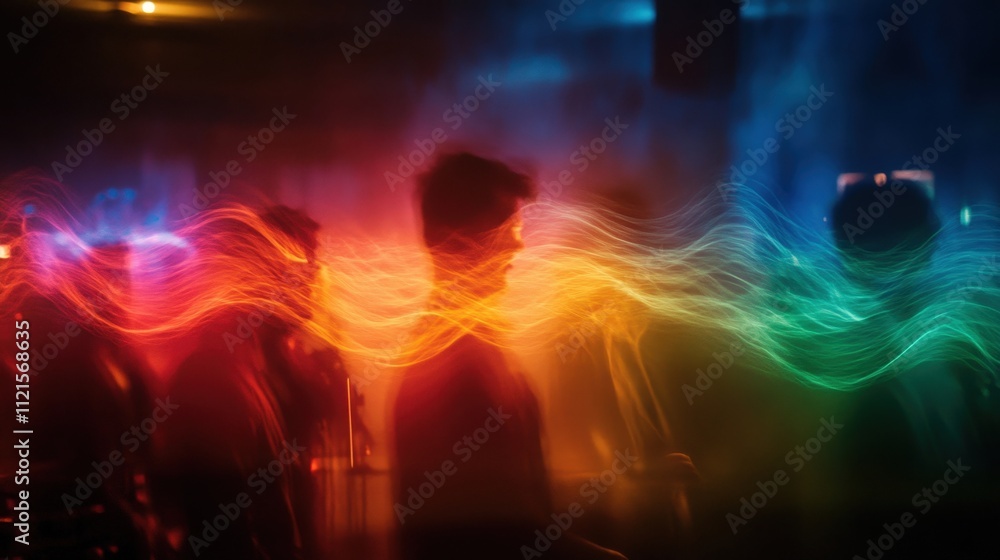 Poster a vibrant, abstract image of blurred figures illuminated by colorful lights, creating a dynamic and 