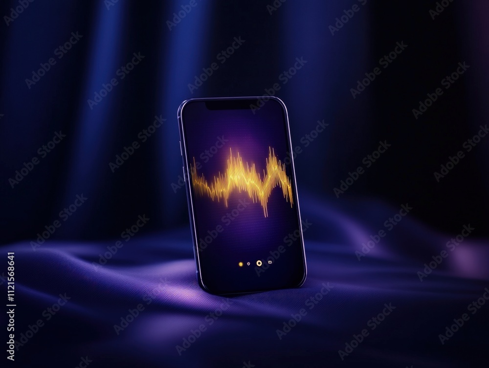 Aufkleber a sleek smartphone displays vibrant soundwave graphics against a dark, textured background, creating