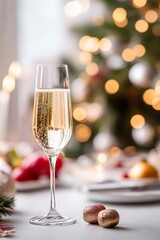 Festive Champagne Toast: Elegant Glass of Sparkling Wine with Christmas Tree Blurred Background, Holiday Table Setting and Decorations