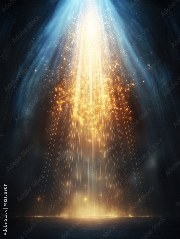 Poster a radiant burst of golden light streams down from above, creating a magical and ethereal atmosphere,