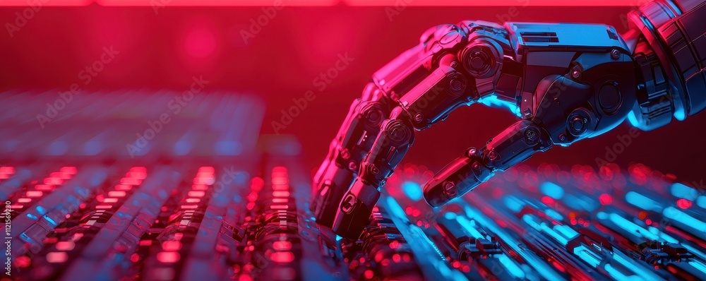 Poster a futuristic robotic hand interacts with a colorful control panel, showcasing the integration of tec