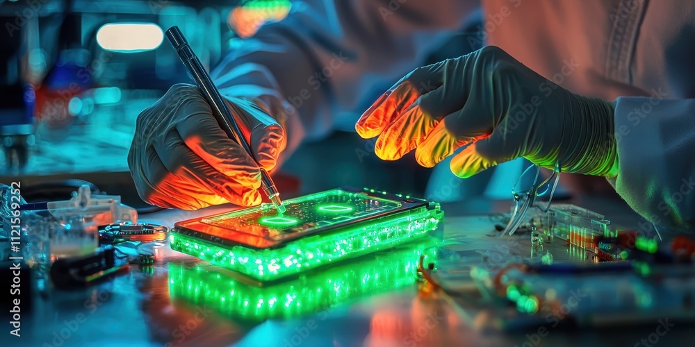 Poster a technician works with a glowing device, using precision tools in a vibrant, high-tech setting, sho