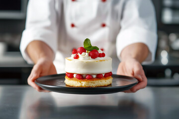 Professional chef presenting a gourmet dessert with fresh cream and berries on a black plate