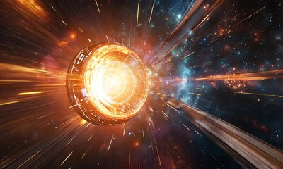 A vibrant depiction of a cosmic tunnel, suggesting travel through space and time.