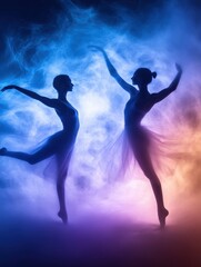Fototapeta premium Two silhouettes of dancers grace a colorful, smoky backdrop, showcasing elegance and movement in a captivating performance.
