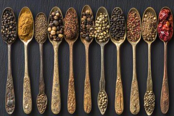 Assorted Asian Spices in Vintage Spoons Arrangement