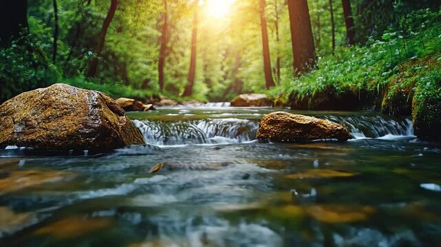 Serene Forest Stream:  A tranquil scene of a babbling brook meandering through a lush, verdant forest, bathed in the golden glow of the setting sun.