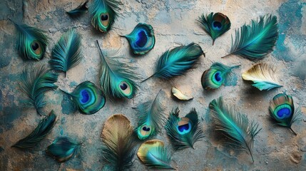 a collection of peacock feathers scattered across a surface. The natural hues of turquoise, emerald