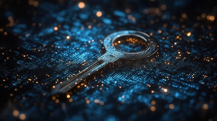 A key is shown on a blue background with a lot of sparkles