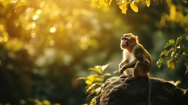 a monkey perched on a rock in the jungle, its fur catching the sunlight.