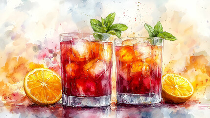 Fototapeta premium Two refreshing cocktails with ice and mint, accompanied by orange slices, presented in a vibrant watercolor style.