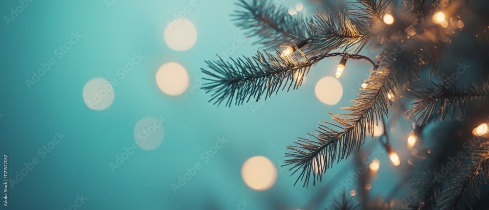 Poster sparkling christmas tree lights: close-up of pine branch with soft bokeh background for holiday chee