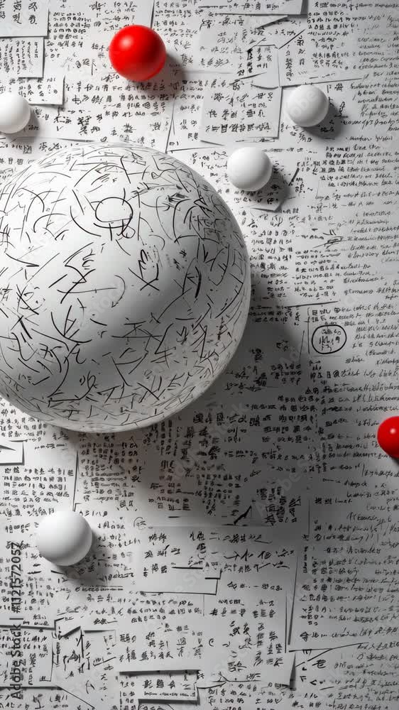 Poster abstract composition featuring white and red spheres on handwritten notes with intricate designs and