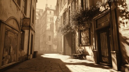 Sepia-toned alleyway, aged buildings, quiet solitude.