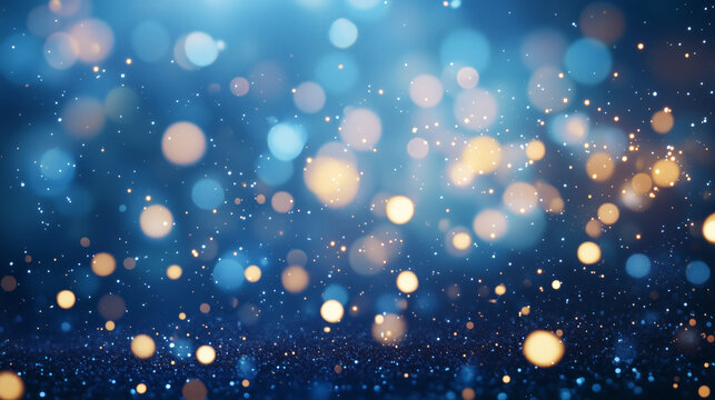 Ethereal blue and gold bokeh lights create a magical, dreamy atmosphere.