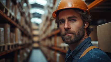 A man wearing a hard hat and safety glasses is standing in a warehouse
